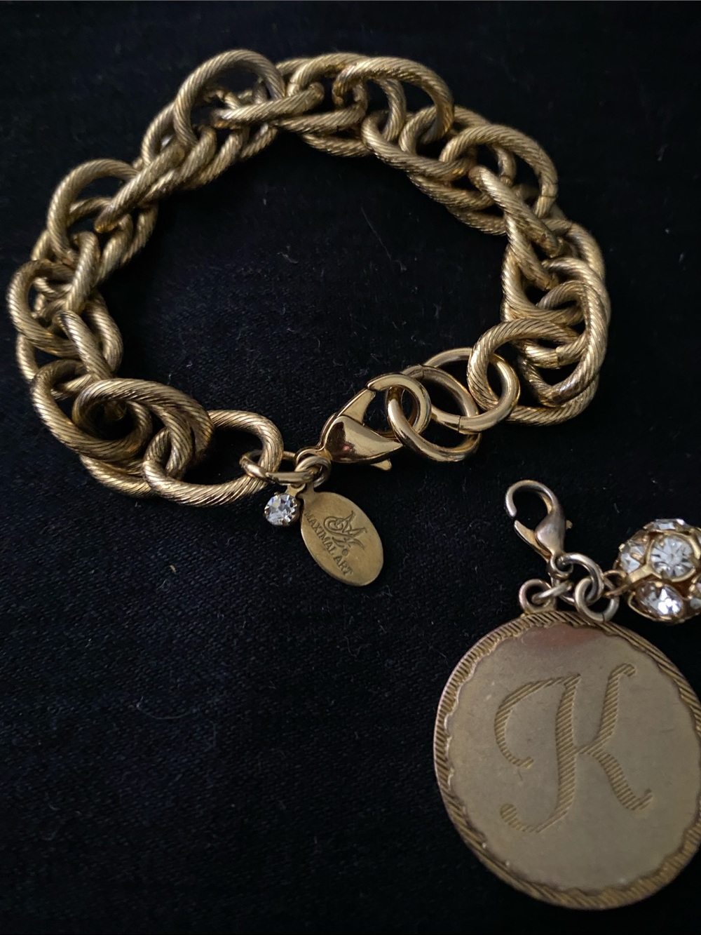 Vintage Maximal Art John  Wind Sorority Gal Charm Bracelet Crystal pearl Initial